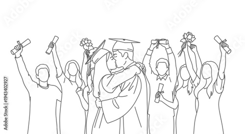 Graduation Couple Kissing Surrounded by Cheering Friends Holding Diplomas and Flowers