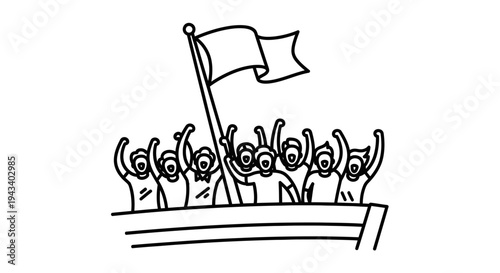 Group of people on a boat with a flag, celebrating victory or journey