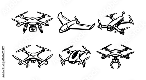 Collection of six hand-drawn drone illustrations in a black ink sketch style, featuring various quadcopters, a fixed-wing UAV, and a delivery vehicle with a claw
