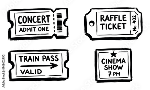 Collection of four hand-drawn tickets for various events like concerts, raffles, cinema, and train travel, illustrated in a bold black ink doodle style with rough brush strokes