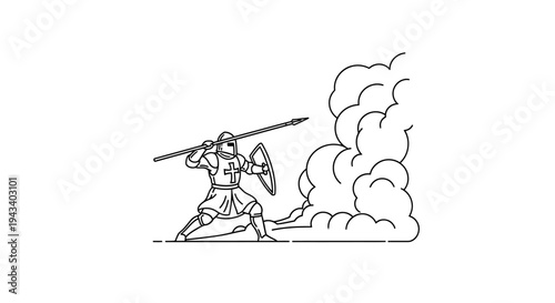 Knight Warrior with Spear and Shield in Smoke Cloud - Medieval Battle Scene