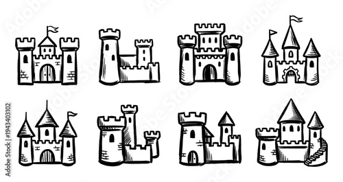 Set of eight hand-drawn medieval castles with towers, turrets, and flags in a simple black and white doodle style illustration collection for fairy tale concepts