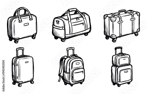 Collection of six hand-drawn luggage items including a suitcase, duffel bag, trunk, and backpack in a black and white sketch style illustration for travel concepts