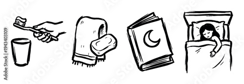 Set of four hand-drawn icons showing a bedtime routine with a toothbrush, soap, a book with a moon, and a sleeping person in a simple black and white sketch style