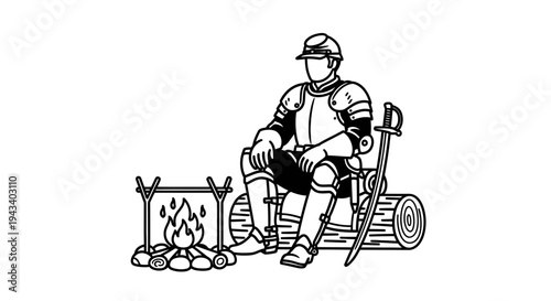 Knight Resting by Campfire, Medieval Warrior with Sword and Armor, Outdoor Camp Scene