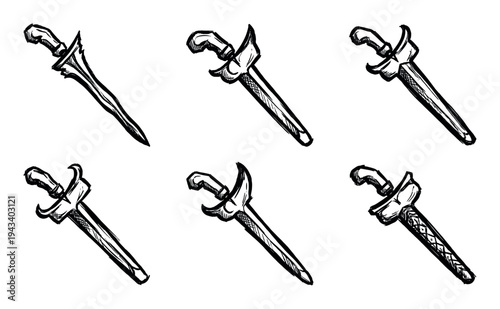 Collection of six traditional Asian daggers in a rough hand-drawn ink sketch style, showing various blade and hilt designs including the iconic wavy keris blade