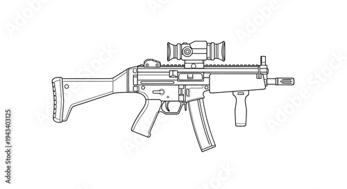 Line Art Drawing of a Modern Assault Rifle with Scope and Foregrip