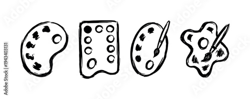 Set of four hand-drawn artist palettes with paintbrushes in a black ink doodle style, showcasing various shapes for mixing colors and creative painting projects