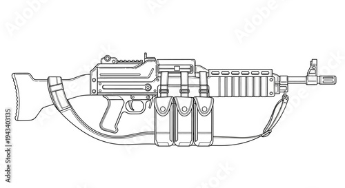 Line Art Drawing of a Machine Gun with Ammunition Belt and Sling