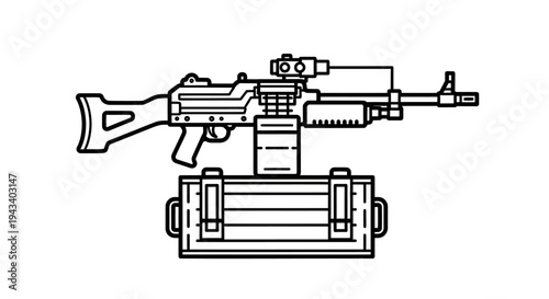 Line Art Icon of a Machine Gun with Ammunition Box