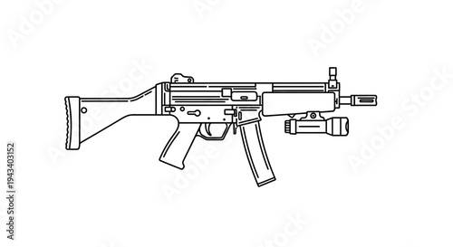 Line Art Illustration of a Submachine Gun with Tactical Light Attachment