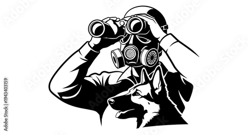 Man in gas mask with binoculars and dog, surveillance, protection, danger, apocalypse concept