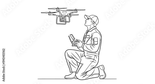 Man kneeling controlling drone with remote, aerial photography, technology concept