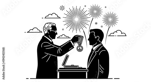 Man receiving medal with fireworks and celebration, achievement and success concept