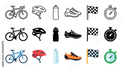 Set of cycling and racing sport icons in three different styles including line art, solid glyph, and colorful flat design illustrating a bicycle, helmet, bottle, and stopwatch