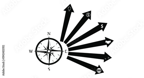 Navigation compass with directional arrows on white background, symbolizing guidance and direction for travel, exploration, and adventure