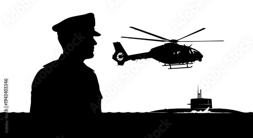 Military Officer Overseeing Naval Operations: Helicopter and Submarine