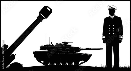 Military Officer Standing Beside Tank and Artillery Gun Silhouette