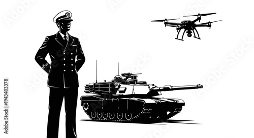 Military Officer Overseeing Drone and Tank - Modern Warfare Technology