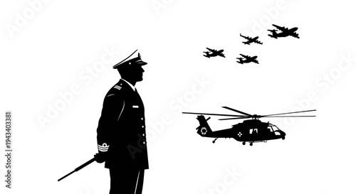 Military Officer Watches Air Show: Helicopter and Fighter Jets Fly Past