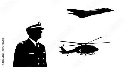 Military Officer Silhouetted Against Fighter Jet and Helicopter in Sky