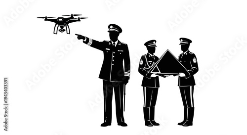 Military officers directing a drone and holding a triangular object, symbolizing strategy and surveillance.