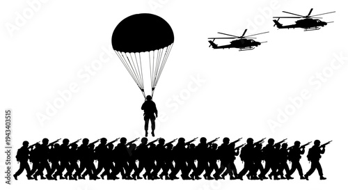 Military Paratrooper Descends Amidst Helicopters and Marching Soldiers Silhouette
