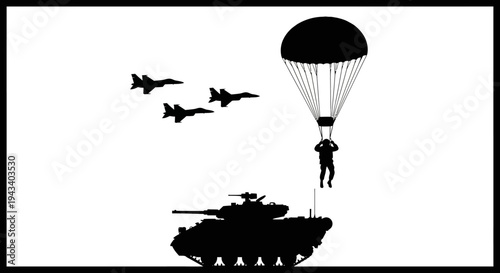 Military Paratrooper Descends Near Tank and Fighter Jets, War and Combat Concept