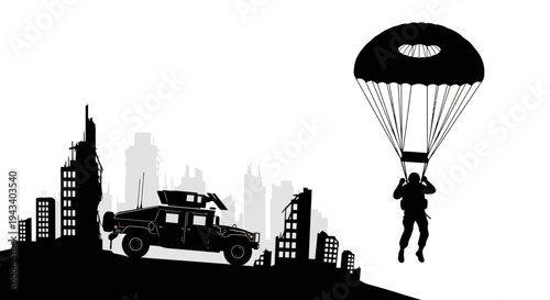 Military Paratrooper Descends on Ruined City with Humvee
