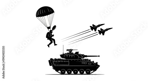 Military Paratrooper Jumps from Sky onto Tank with Fighter Jets Flying Above