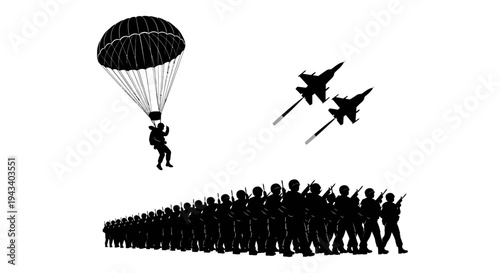 Military Paratrooper Jumps From Plane Above Formation of Soldiers and Fighter Jets