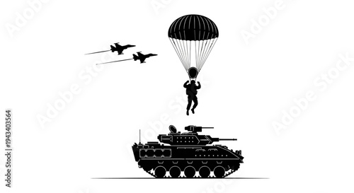 Military Paratrooper Descends onto Armored Tank with Fighter Jets Flying