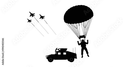 Military Paratrooper Landing Near Humvee with Fighter Jets Flying Overhead