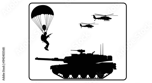 Military Paratrooper Jumps From Helicopter Near Tank and Aircraft