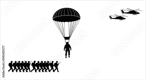 Military Paratrooper Landing Near Marching Soldiers and Helicopters