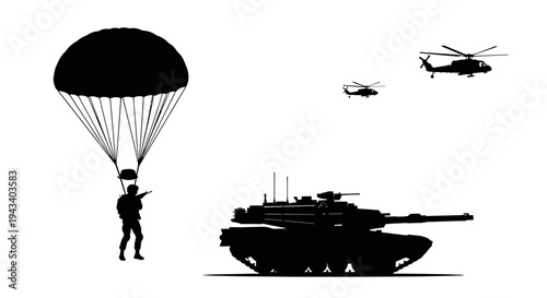 Military Paratrooper Landing Near Tank and Helicopters