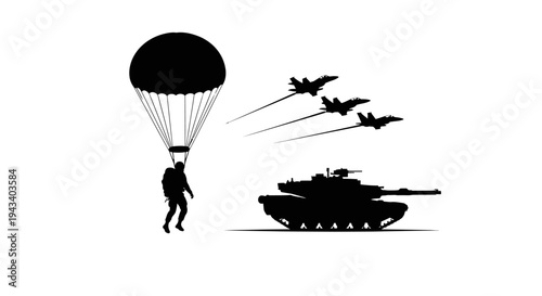 Military Paratrooper Landing Near Tank with Fighter Jets Flying Overhead