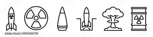 Set of black outline nuclear icons representing war and radioactive danger, including a missile in a silo, a mushroom cloud explosion, a warhead, and a toxic waste barrel