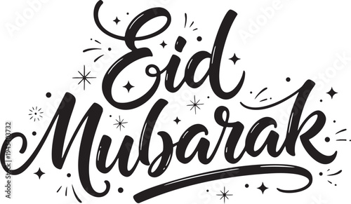 Hand-drawn Eid Mubarak calligraphy with decorative sparkles and ink strokes on a white background.