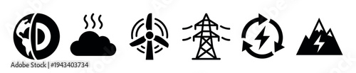 Set of black renewable energy icons representing geothermal, wind, hydroelectric, and electric power sources in a minimalist flat design style for ecology and sustainability concepts