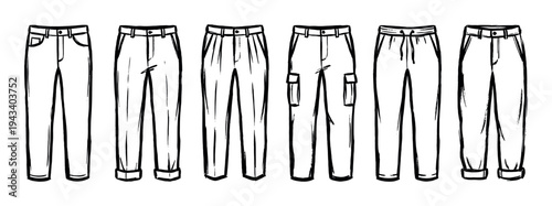 Set of six different pants styles hand-drawn in a black ink sketch style, showing various designs like jeans, cargo pants, and pleated trousers for fashion illustration