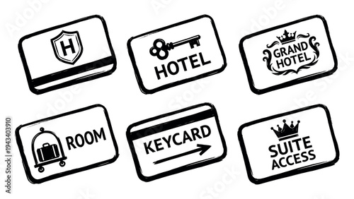 Collection of six black hotel keycard icons in a hand-drawn stamp style showing hospitality symbols like a key, crown, and luggage cart for room access concepts