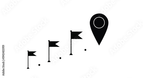 Black and white illustration of small flags leading to location pin symbol, representing navigation and direction on a white background