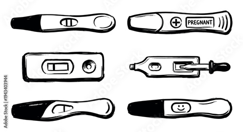 Hand-drawn black and white pregnancy test collection showing various positive and negative results in a simple doodle sketch illustration style for maternity and family planning concepts