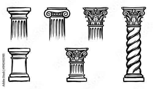 Collection of ancient architectural columns in a hand-drawn sketch style, showcasing various classical orders like Doric, Ionic, and Corinthian with intricate details