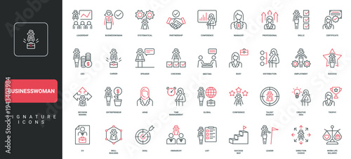 Businesswoman career, professional skills and success, talent of confident leader line icon set. Corporate hierarchy, certificate, creative idea thin black and red outline symbols vector illustration