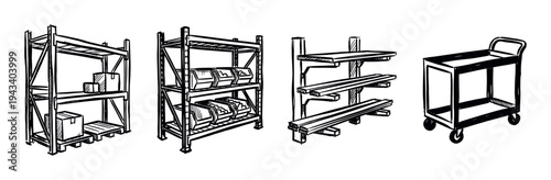 Set of hand-drawn warehouse equipment illustrations showing pallet racking with boxes, storage bins, a cantilever rack, and a utility cart in a sketch style