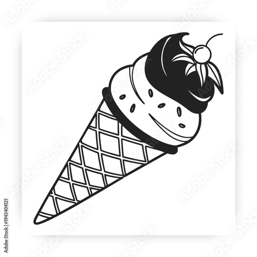 Ice cream cone vector, soft serve dessert icon, waffle cone illustration, frozen snack design, sweet food symbol, summer treat graphic, black minimal artwork.