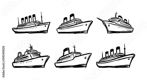 Set of six hand-drawn vintage steamships in a rough black ink sketch style, a collection of classic ocean liners and passenger cruise ships in a simple doodle illustration