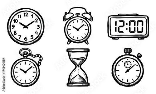 Collection of six hand-drawn clocks and timepieces in a sketchy doodle style, including a wall clock, alarm, digital display, pocket watch, hourglass, and stopwatch